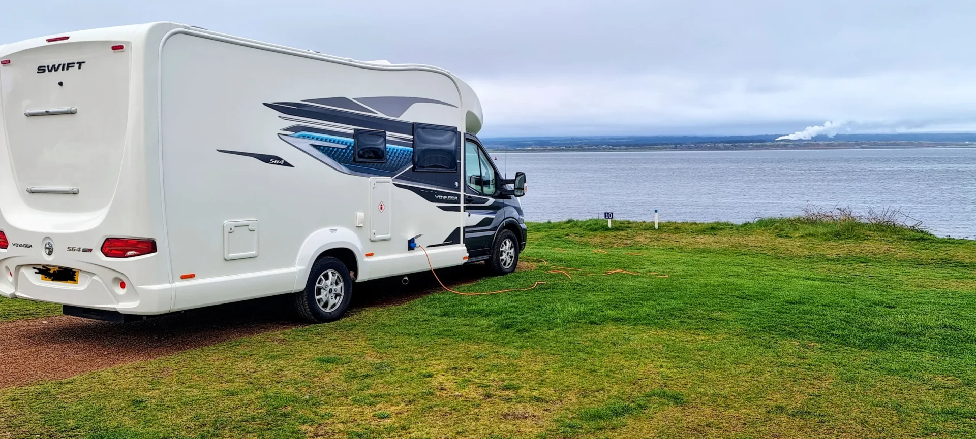 Darren Pickering’s hired motorhome beside the water
