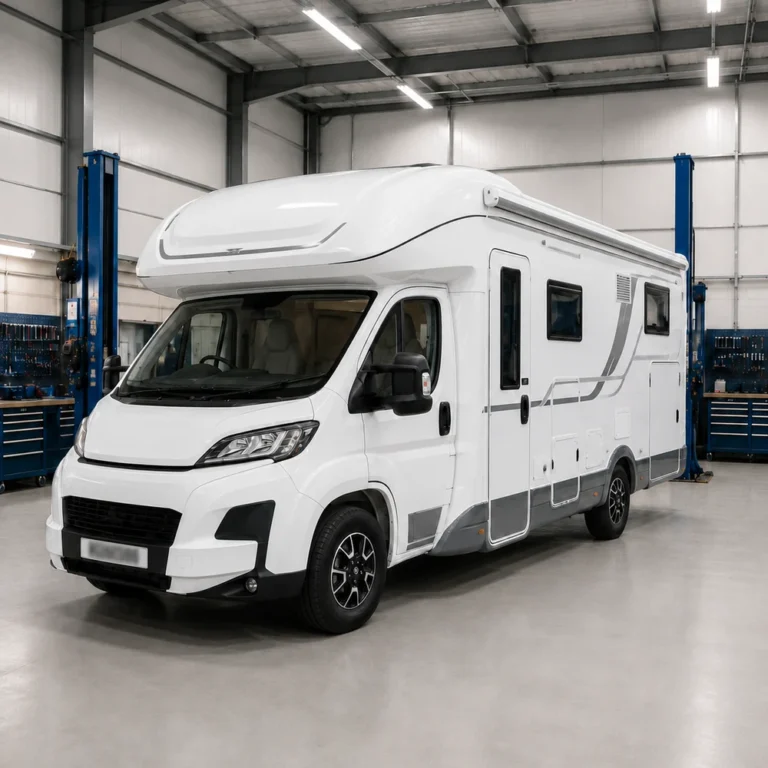 Motorhome inside a service workshop